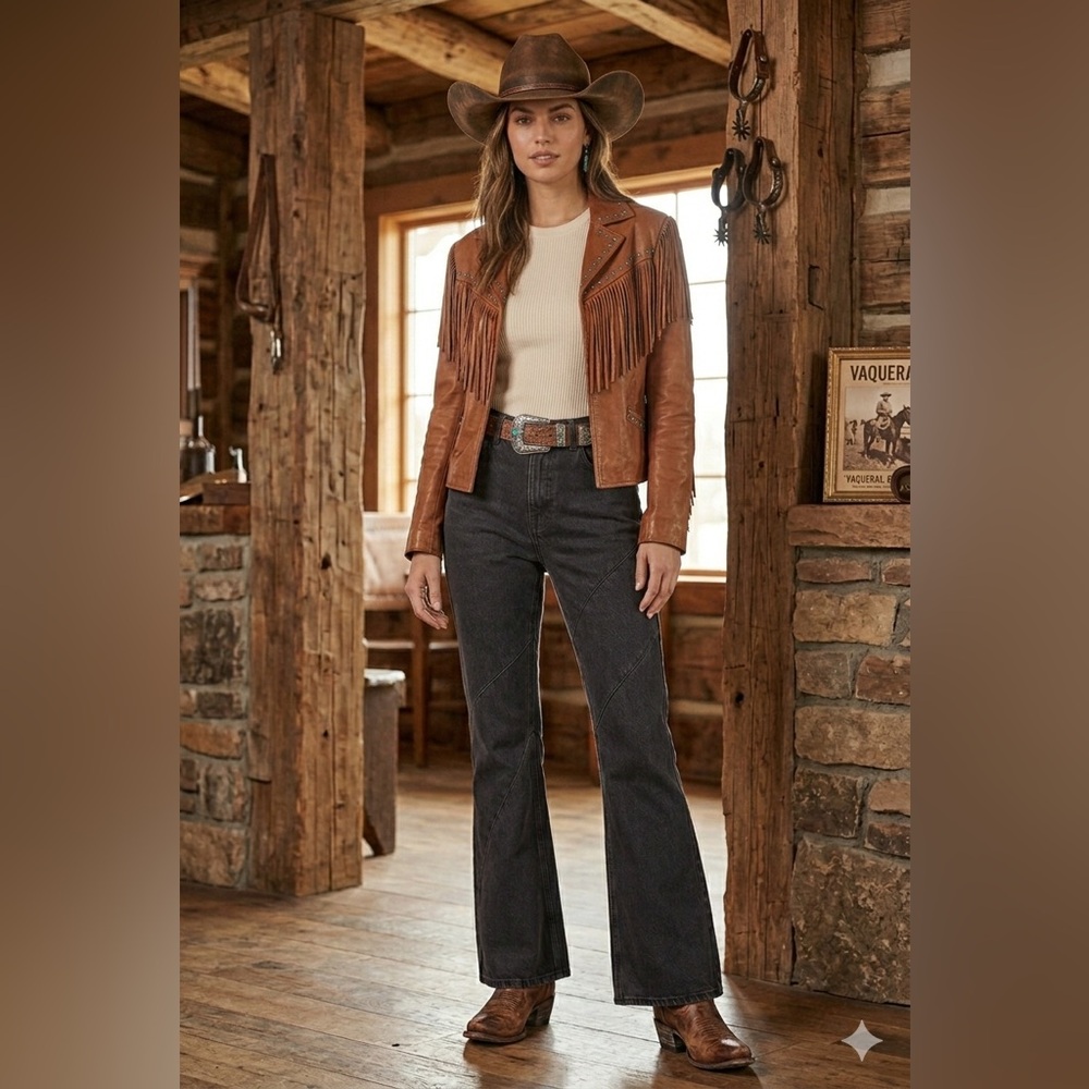 PacSun Black Wide Leg Jeans with Rust Fringe Jacket